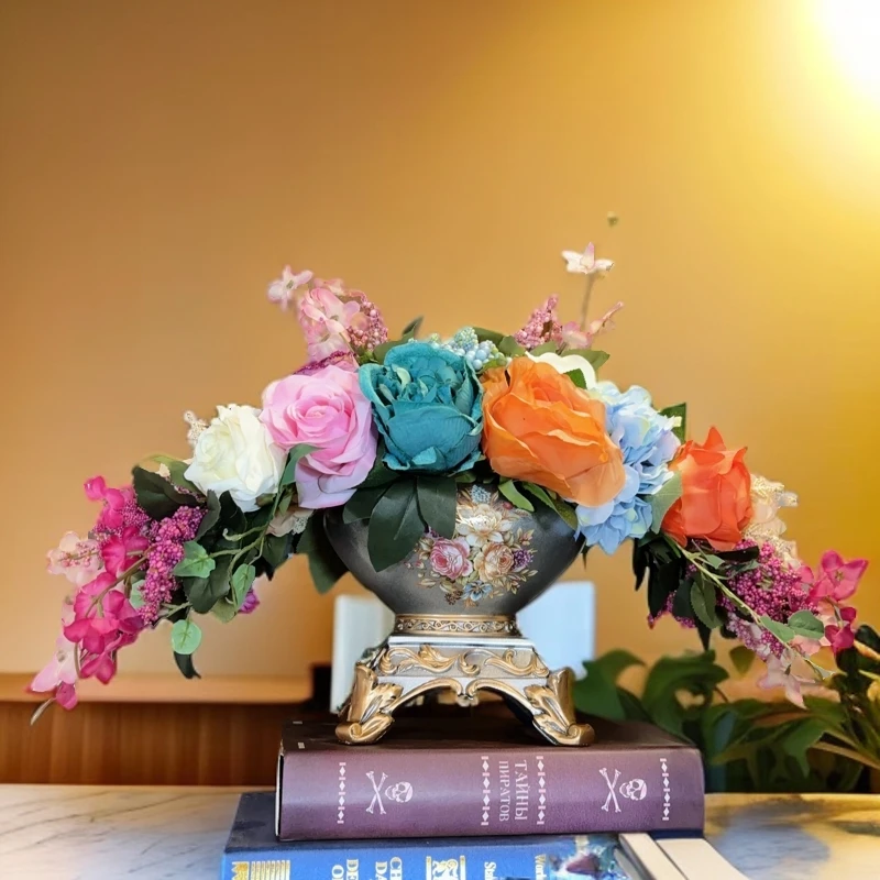 欧式绢布玫瑰花艺花瓶套装 客厅茶几玄关桌面装饰仿真餐桌花摆件