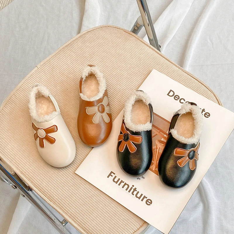 女童甜美花朵加绒二棉保暖儿童防滑耐磨2022秋冬新小女孩皮鞋1070