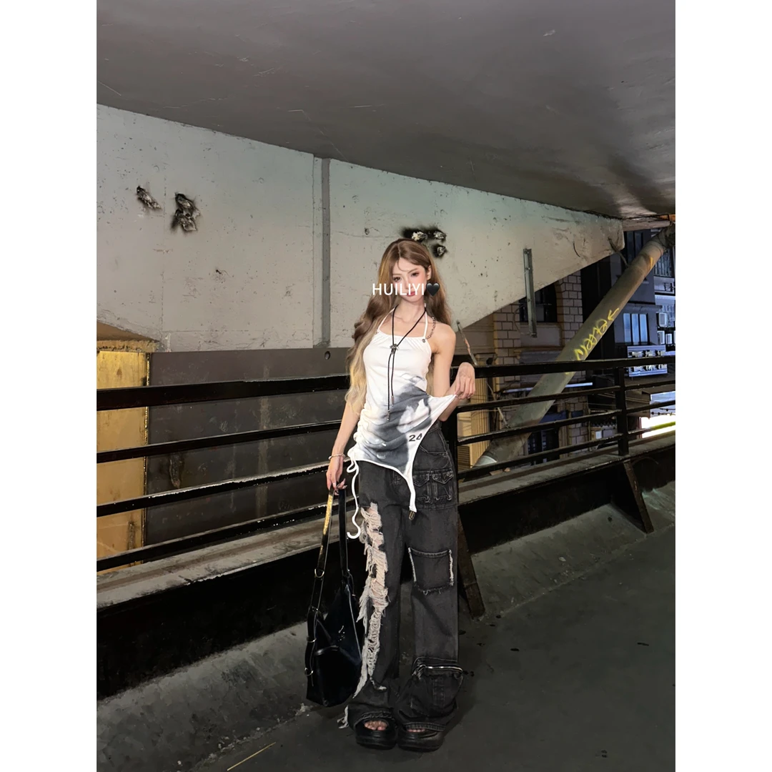 绘梨衣【伯利街头风】挂脖上衣韩版时尚夏季辣妹破洞牛仔裤套装