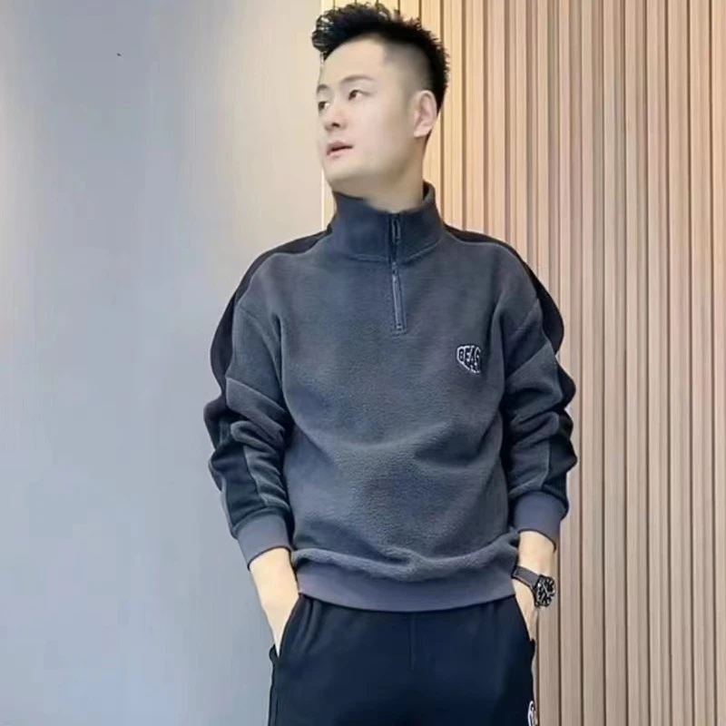 2023秋冬男士拼接休闲摇粒绒外套卫衣男宽松潮牌上衣新款男装外套