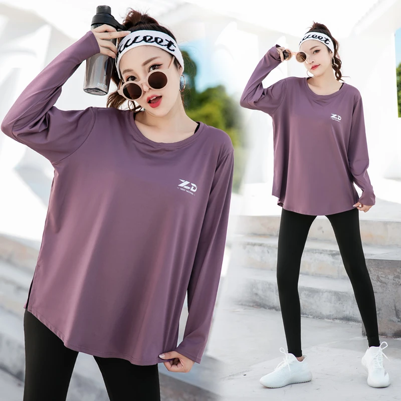 健身服速干运动套装女大码瑜伽服春季长袖上衣跑步服宽松遮臀长款