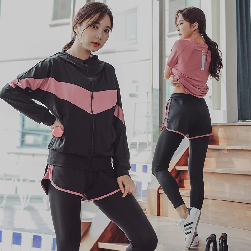 晨跑运动套装女大码高弹速干瑜伽服五件套连帽拼接显瘦健身宽松时