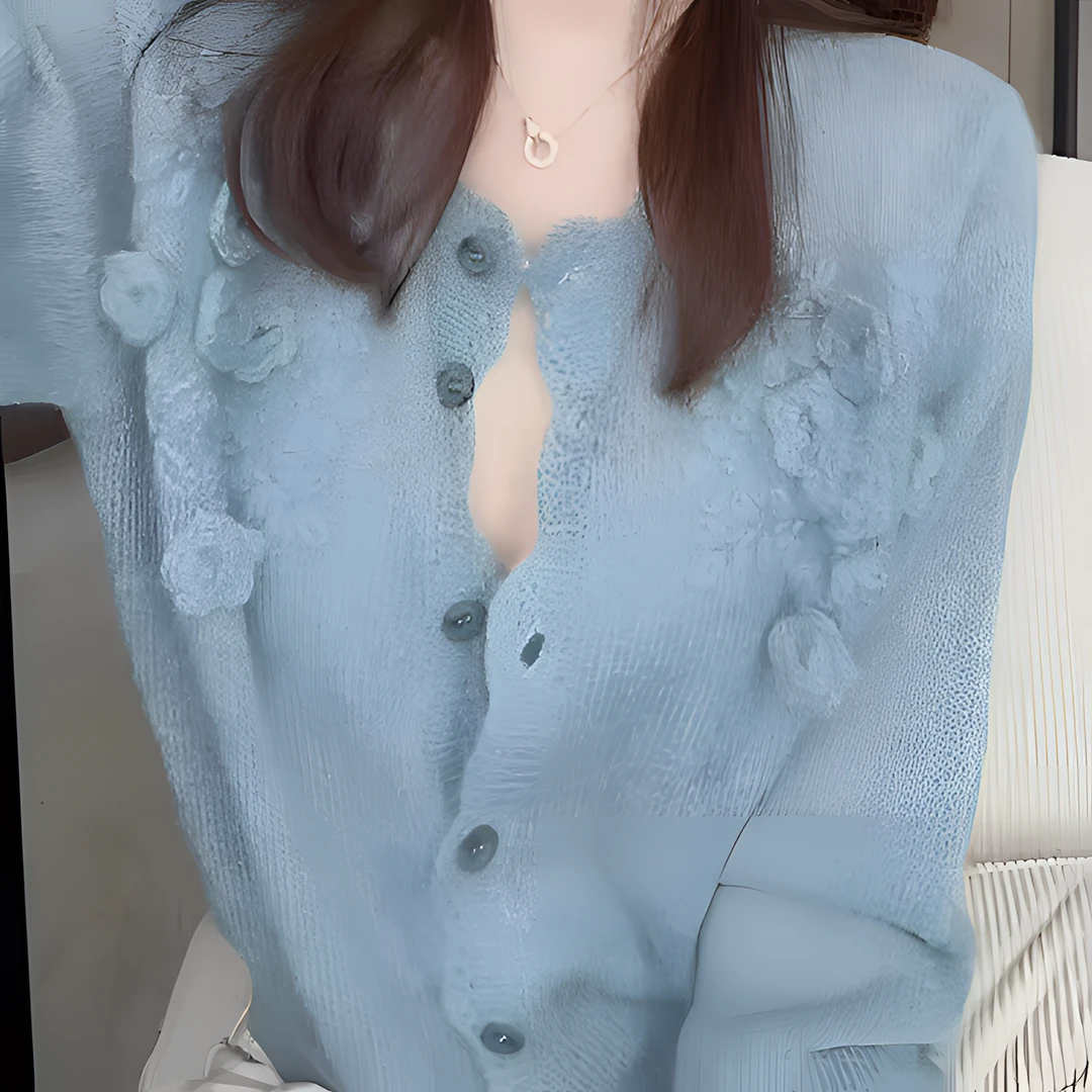 2025秋季新款减龄百搭软糯波浪边圆领上衣立体钩花长袖针织开衫女