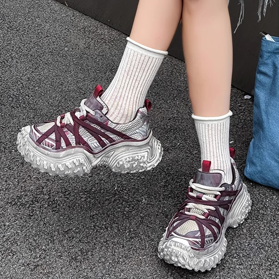 复古擦色厚底老爹鞋增高女2024新款做旧系带休闲轮胎底脏脏运动鞋