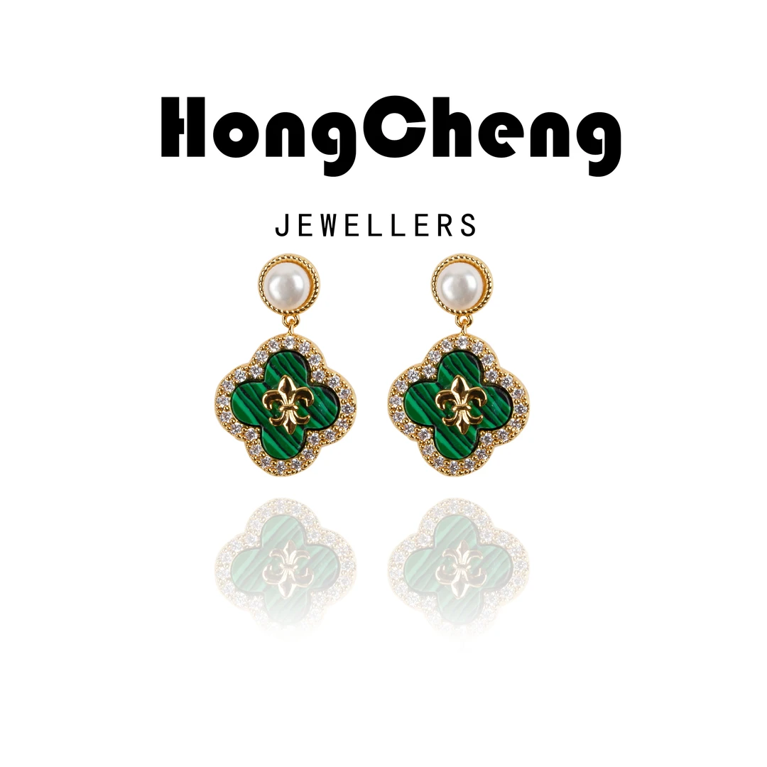 天然珍珠「四叶草」绿色耳环NL6061-413