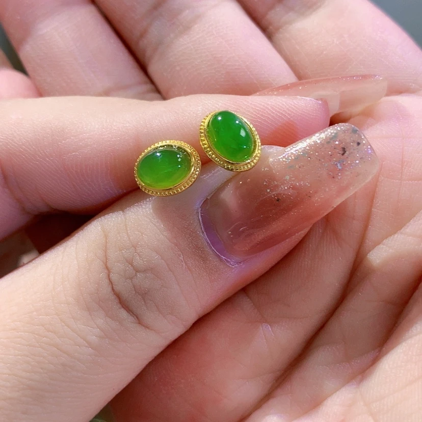 【闪购商品】和田玉(碧玉)耳饰银S925镀金镶嵌