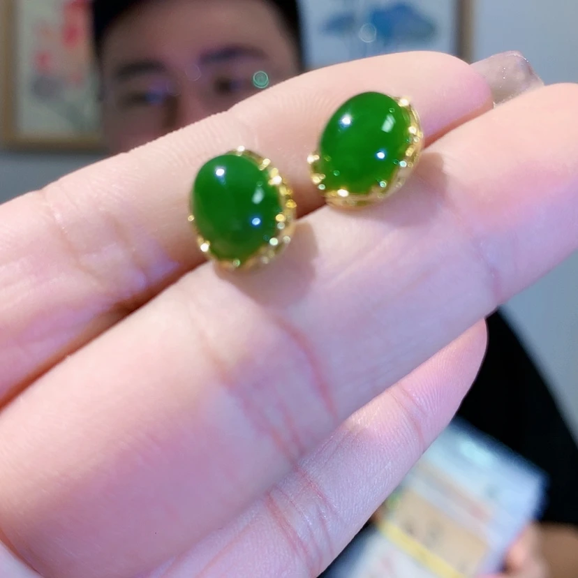 【闪购商品】和田玉(碧玉)耳饰银S925镀金镶嵌
