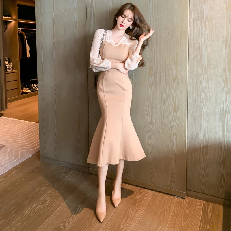 新款法式气质收腰V领高腰显瘦包臀修身轻奢时尚鱼尾连衣裙4495