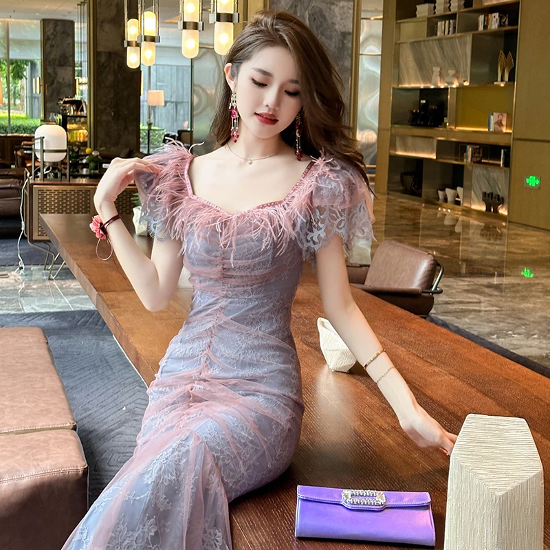 方领蕾丝连衣裙夏季新款法式小众名媛气质轻奢设计感连衣裙10709