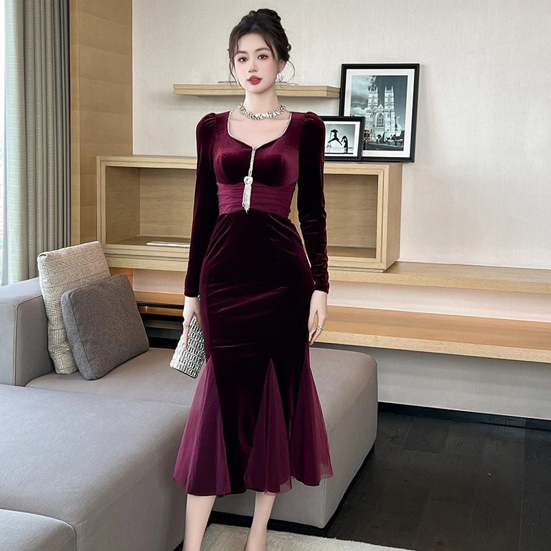 秋冬高档时尚气质修身中长紫色贵气女装连衣裙20997