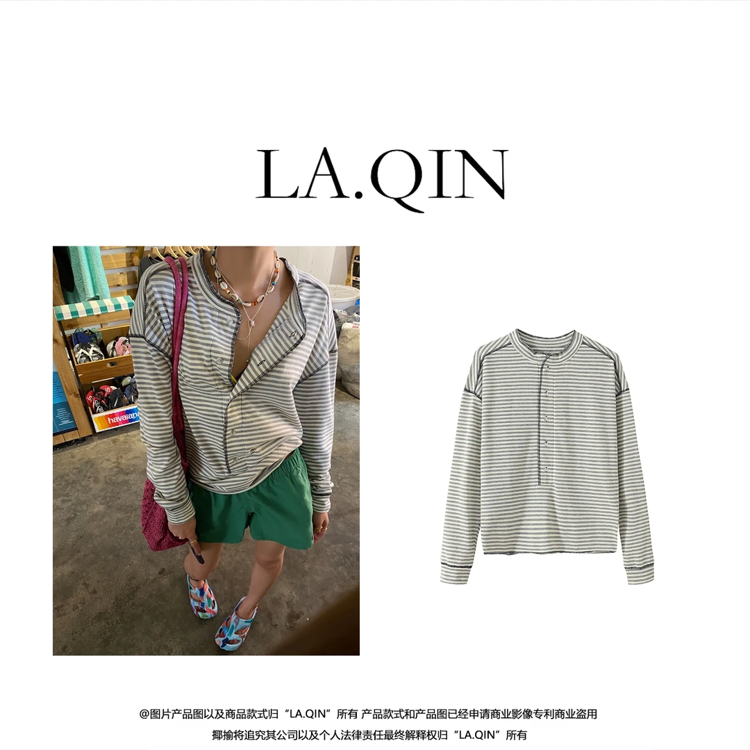 晴晴家-【秋也条纹】秋季休闲时尚简约风格五个扣子条纹卫衣11445