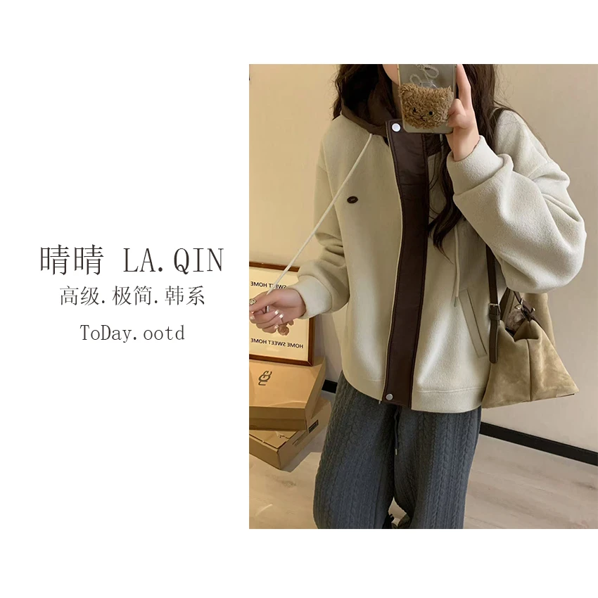 晴晴家 -【西西里午后】韩版时尚百搭加厚撞色帽休闲外套3107