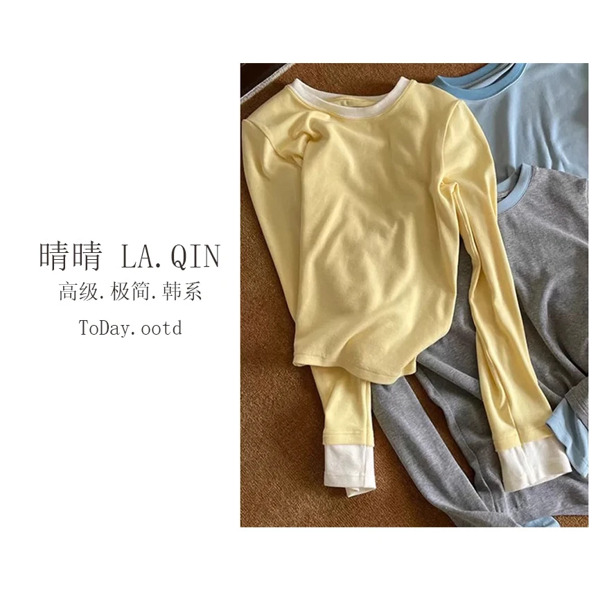 LA.QIN-【】秋季潮流新款百搭简约极简风韩系女士拼接打底衫4730
