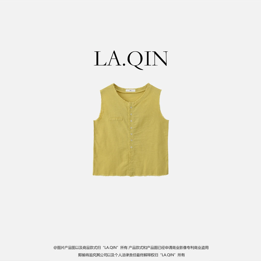 晴晴家-【花开半夏】夏季领口磨边设计极简风格亚麻背心A2015