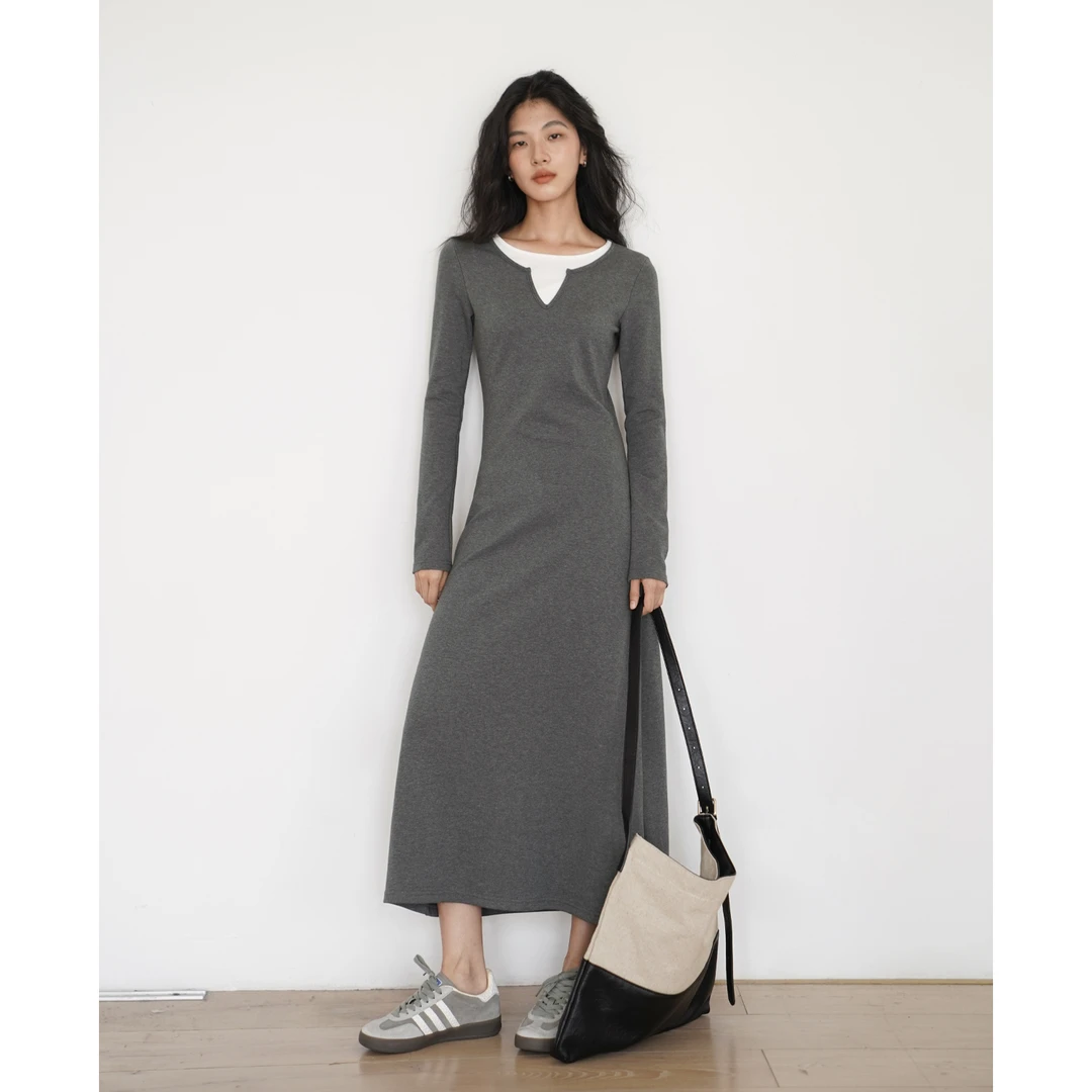 【现现清清】EIGHTHMONTH假两件休闲连衣裙女灰色收腰显瘦AS91213