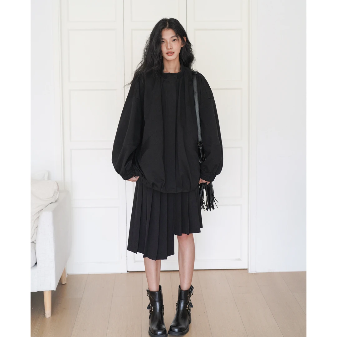 清清现现EIGHTHMONTH黑色不规则半身裙女百褶显瘦短款裙子BS91351