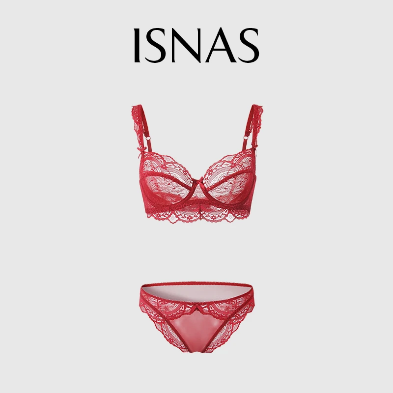 法国 ISNAS 红色性感内衣女士小胸聚拢带钢圈舒适薄款文胸套装