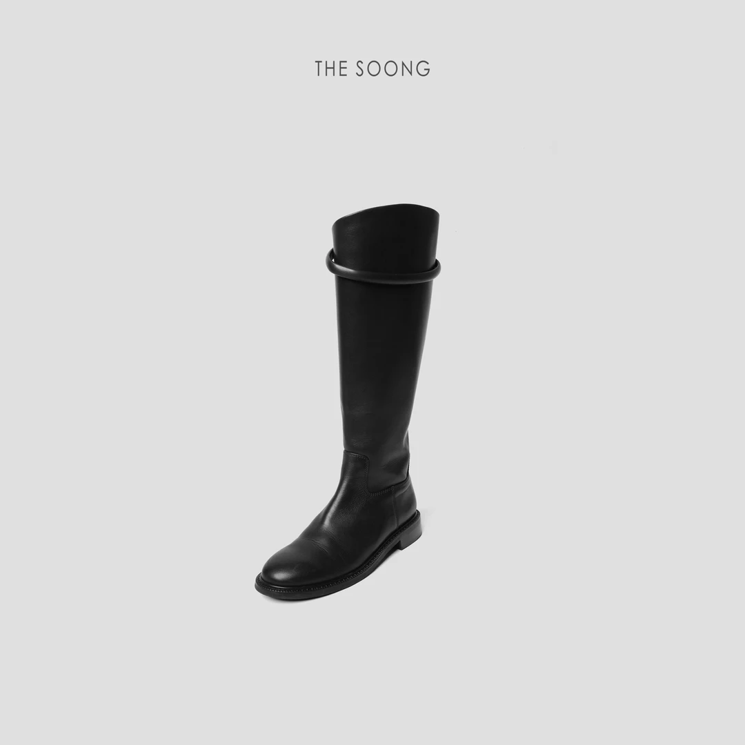 THESOONG|"超模骑士靴"小牛皮圆头百搭皮圈高筒靴 唐装HWXZ6012