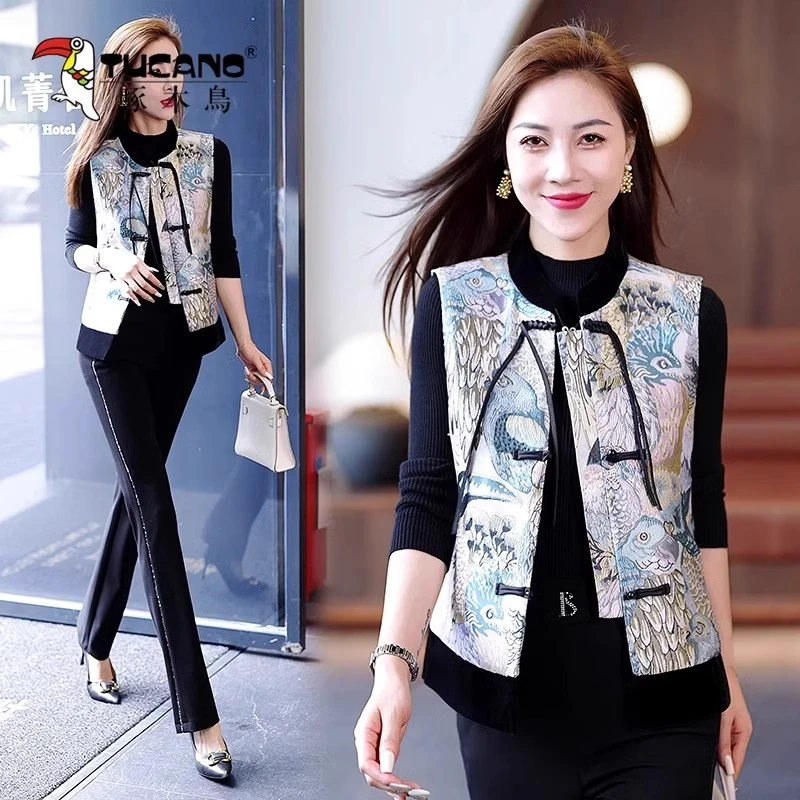 【官方】啄木鸟新中式国风马甲外套女春秋2025新款洋气时尚背心马夹