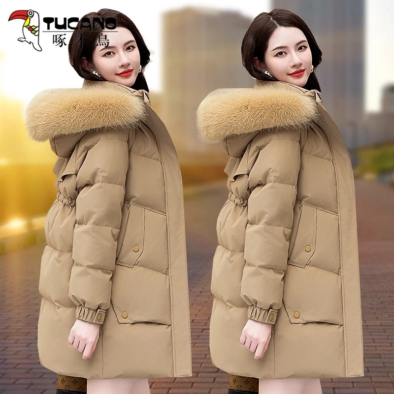 【官方】啄木鸟白鸭绒羽绒服女中长款2026新款冬季宽松连帽女士外套