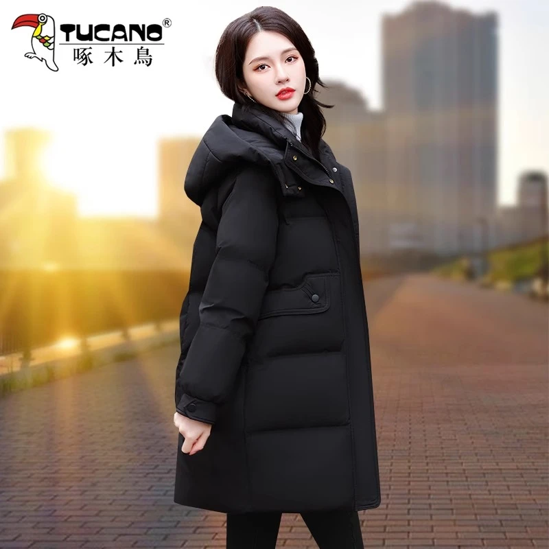 【官方】啄木鸟黑色羽绒服女冬季新款2025中长款宽松白鸭绒加厚外套