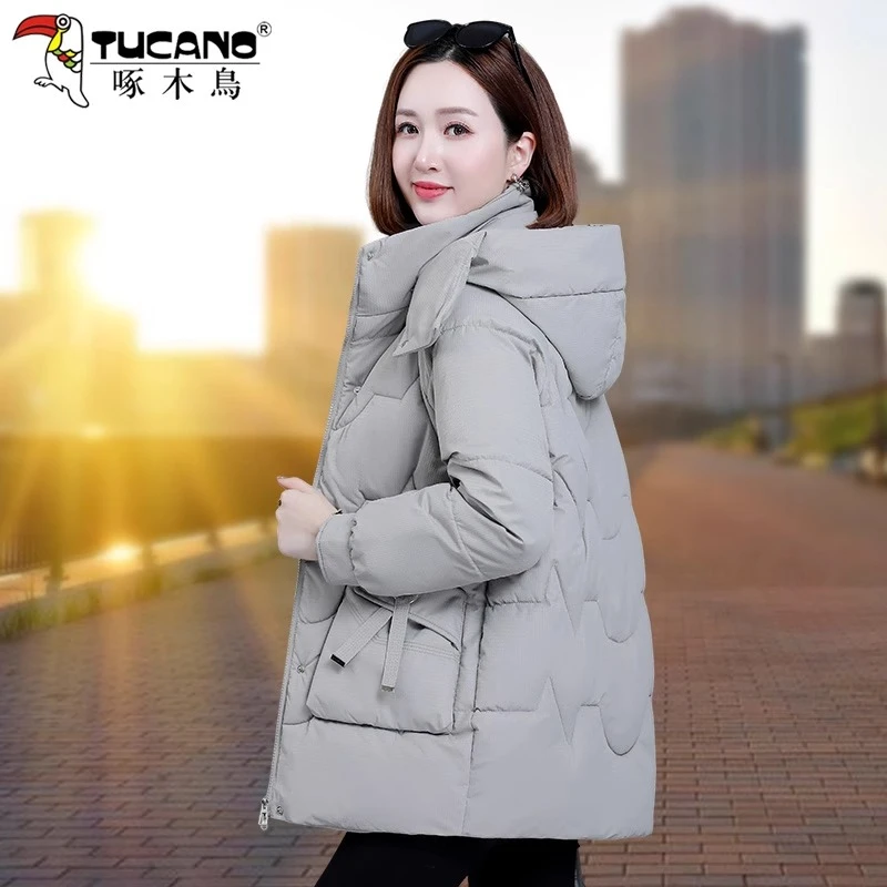 【官方】啄木鸟棉服女中长款冬季2025新款加厚大码洋气女装棉衣棉袄