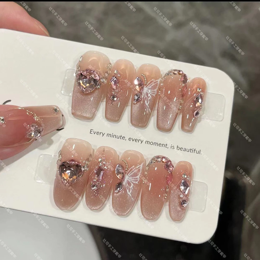 【掉钻包补-爱神】纯手工猫眼粉色拼钻纯手工10片美甲2