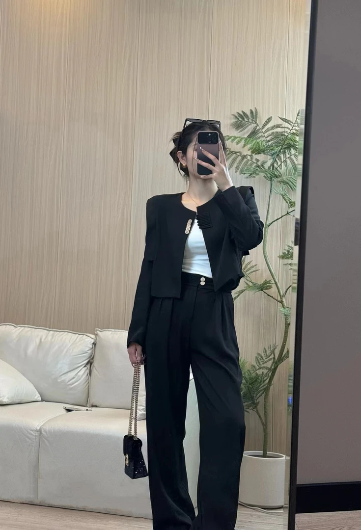 秋季2024新款高级设计感新中式西装上衣外套+高腰阔腿裤两件套装