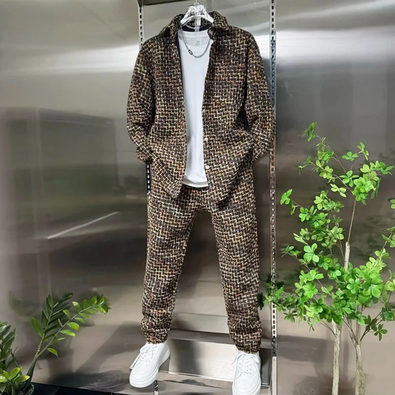秋季新款编织小香风运动套装男士韩版休闲百搭翻领外套长裤两件套