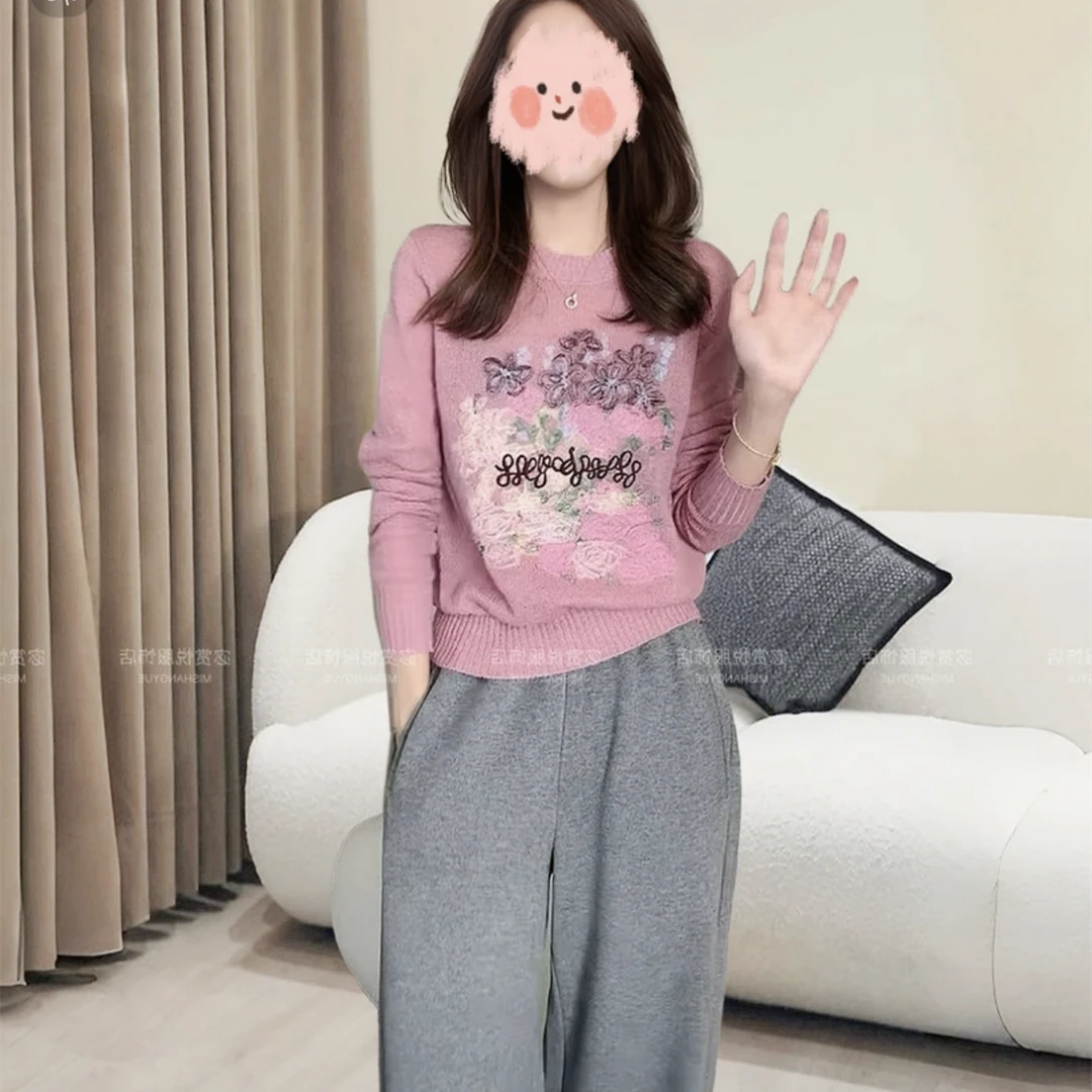 洋气设计感刺绣上衣时尚气质圆领针织打底衫2411110