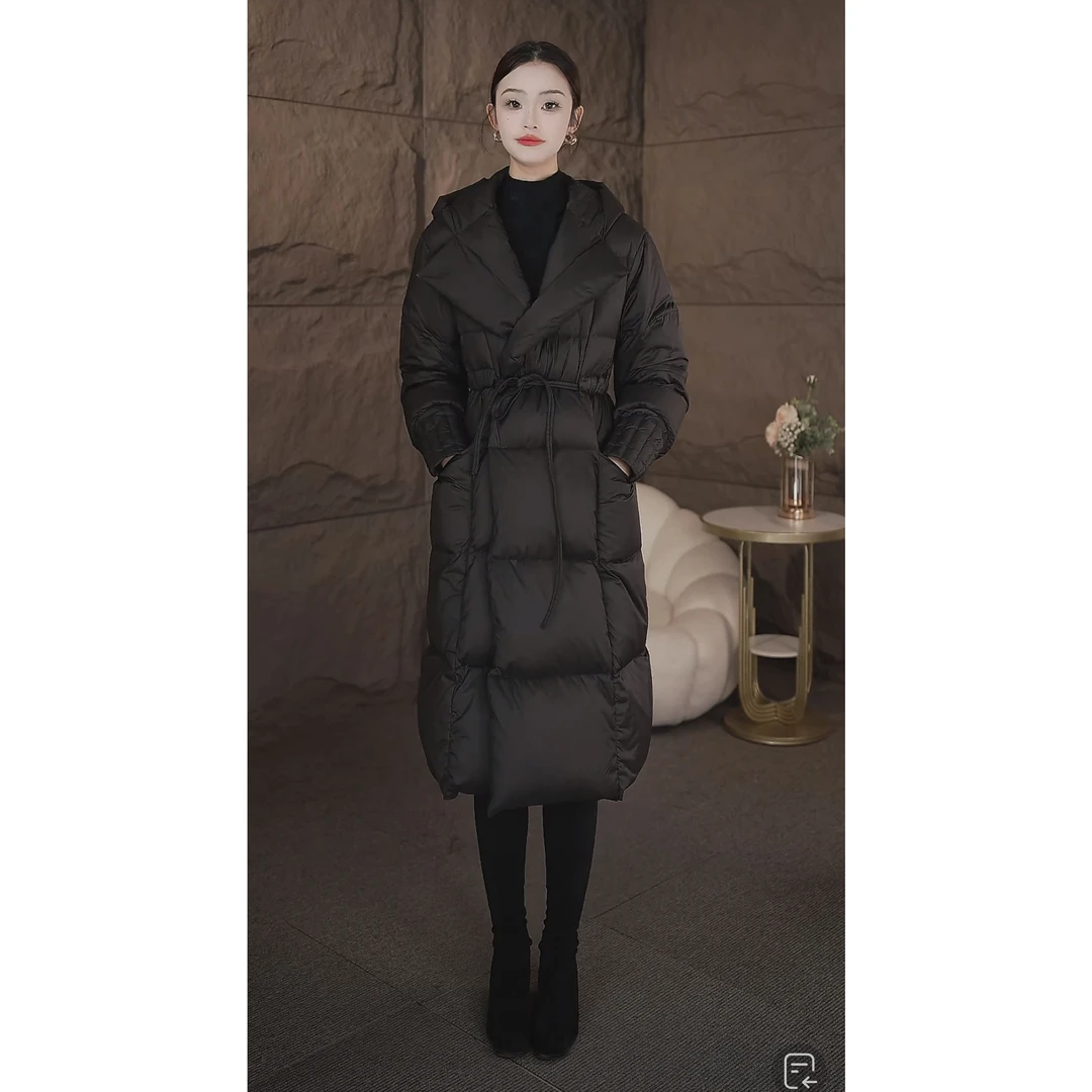 冬季新款鹅绒服女中长款羽绒服韩版修身连帽收腰冬装保暖羽绒外套