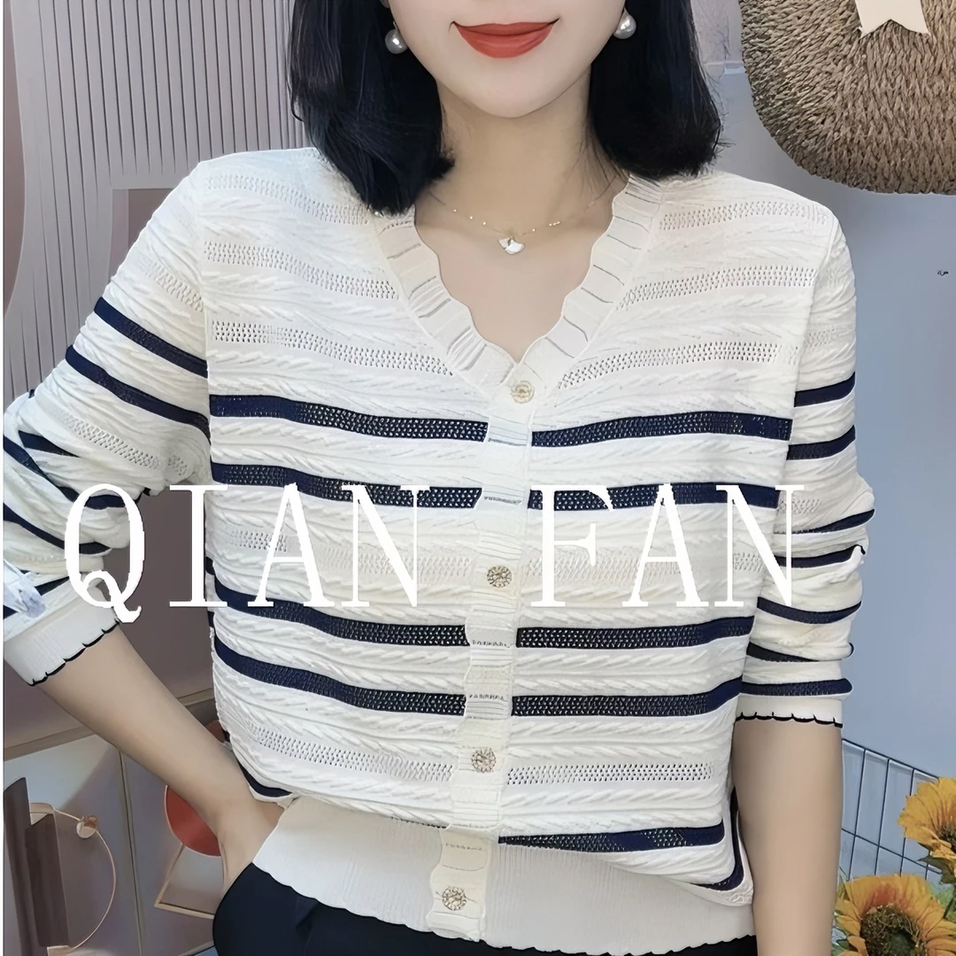 超细14针新款v领长袖针织衫女莱赛尔条纹勾花洋气时尚宽松显瘦