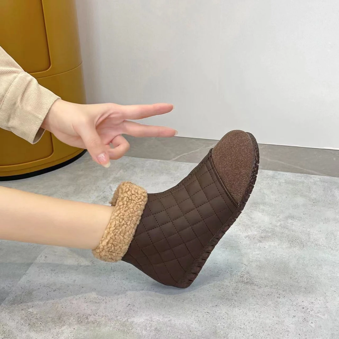 【冬季上新】格子拼皮侧拉链短靴 软皮软底加棉保暖防滑雪地靴舒适
