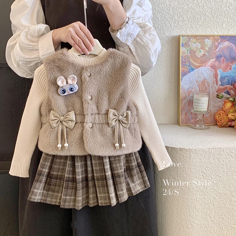 2025冬“兔子警官”女童毛毛加厚马甲+针织毛衣+加绒格子裙 88039