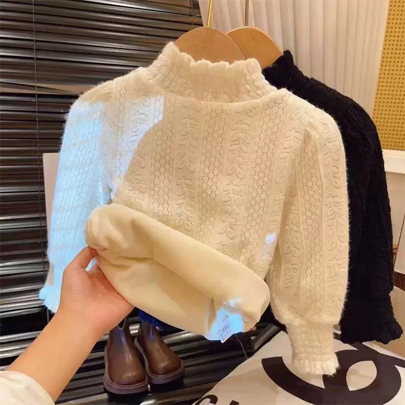 女童加绒打底衫版冬装2025新款洋气儿童韩版网红女孩蕾丝公主上衣