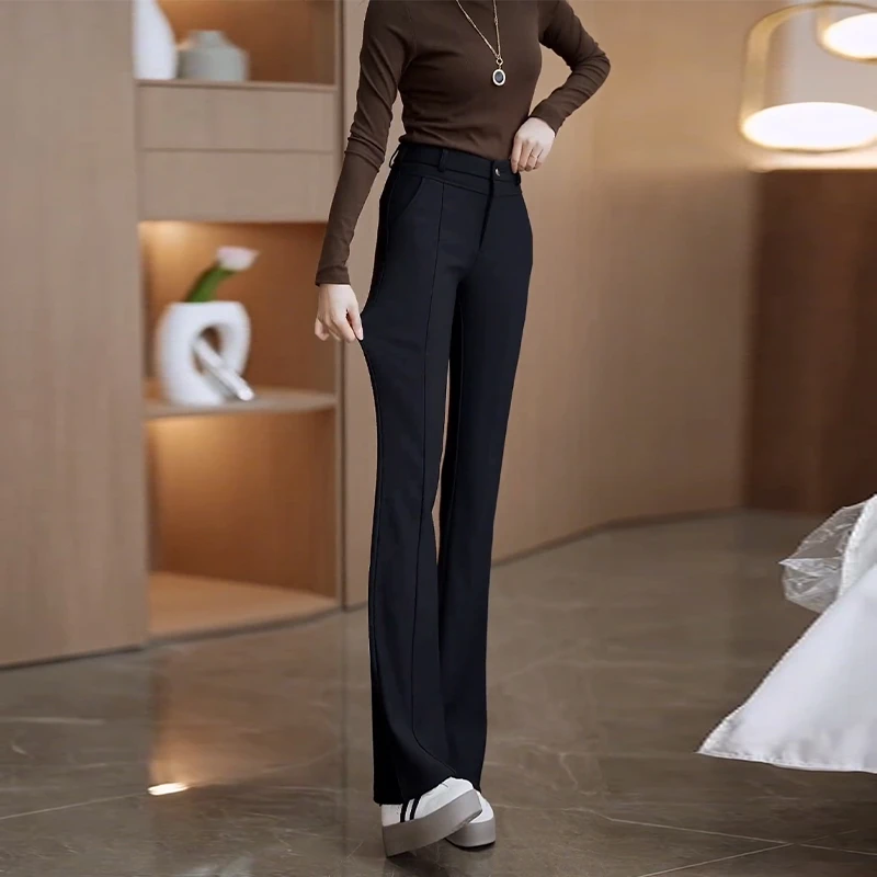 秋冬2024新款高腰微喇显瘦西装喇叭裤加绒垂坠感设计感马蹄裤子女