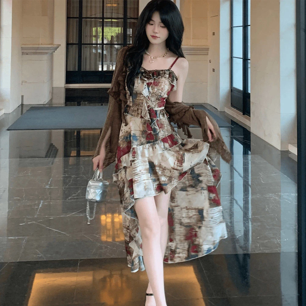 花影画报 复古提花高级油画气质氛围感拖尾裙摆吊带裙开衫套装秋