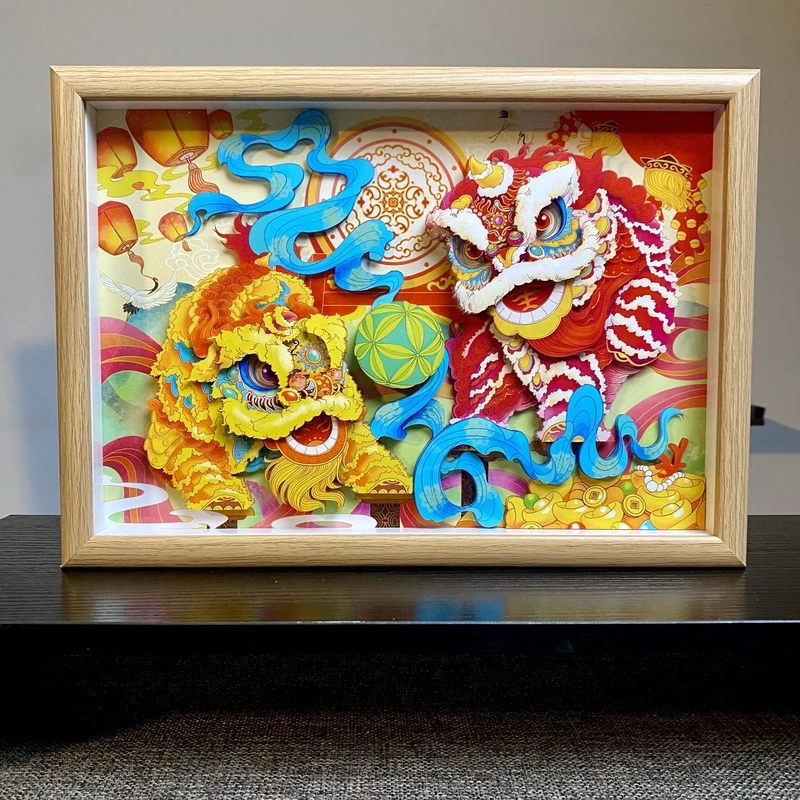 玺语双狮戏绣球裸眼3D立体手工制作非遗文创创意摆件送礼朋友桌摆