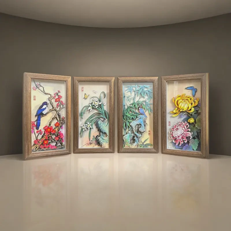 玺语整套梅兰竹菊日文创礼品真3D立体画办公室桌摆家居饰品工艺品
