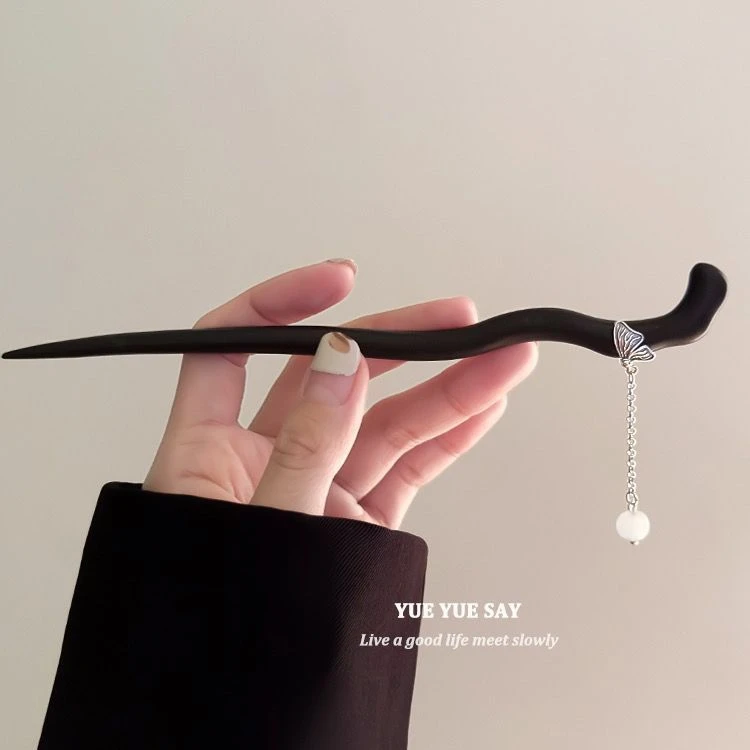 新款蝴蝶落下新中式古典黑檀木发簪女高级感流苏合金步摇发钗发饰