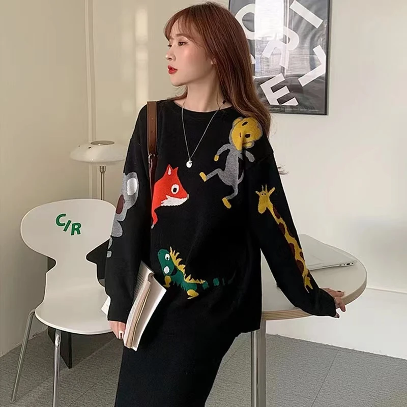 黑色春装新款针织提花上衣时尚宽松洋气百搭休闲秋冬款内搭外穿