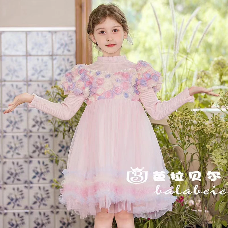 女童毛衣裙连衣裙秋冬2023新款儿童洋气网纱花朵公主裙