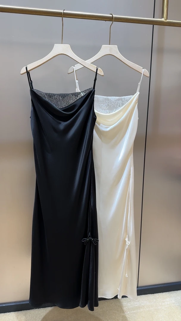 惊艳光泽感 重磅缎面100醋酸吊带裙V领吊带连衣裙女气质长裙显瘦