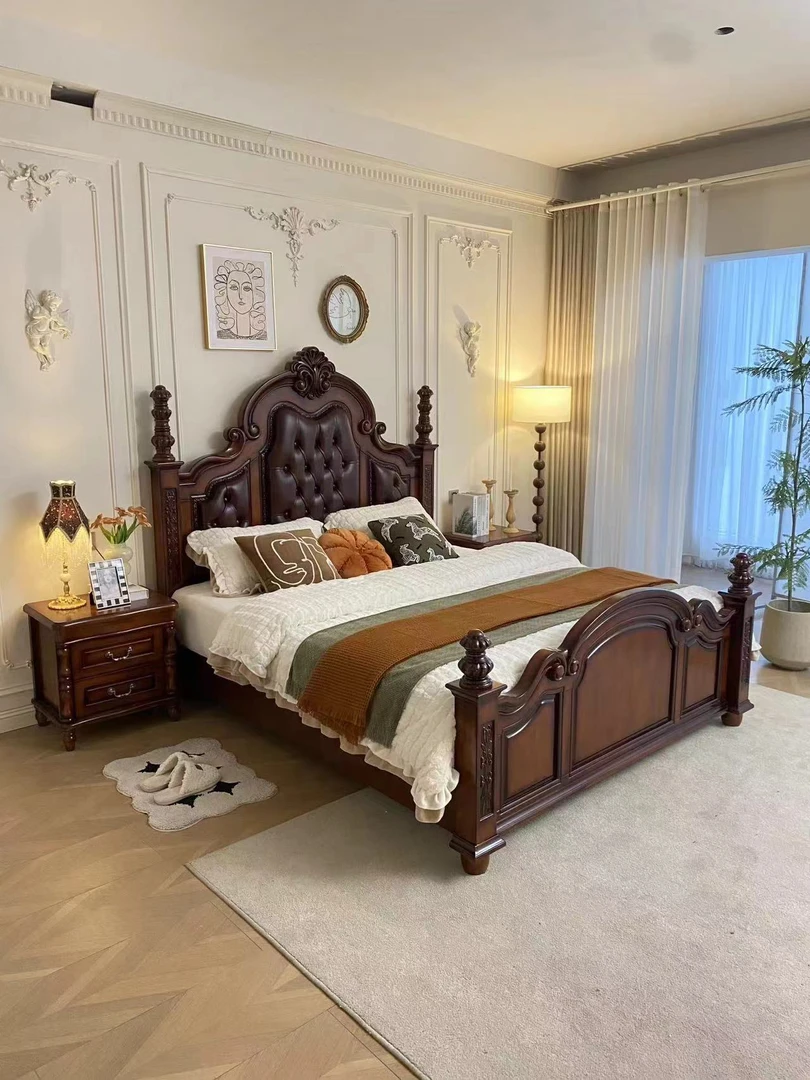 美式雕花实木真皮床储物高箱轻奢法式欧式奢华床主卧室古典公主床