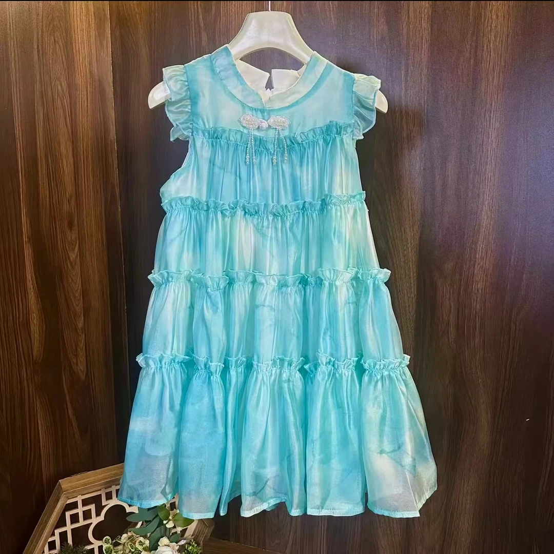 【goya】2025女童夏季甜美女孩无袖时尚洋气设计师款蓝色儿童连衣裙