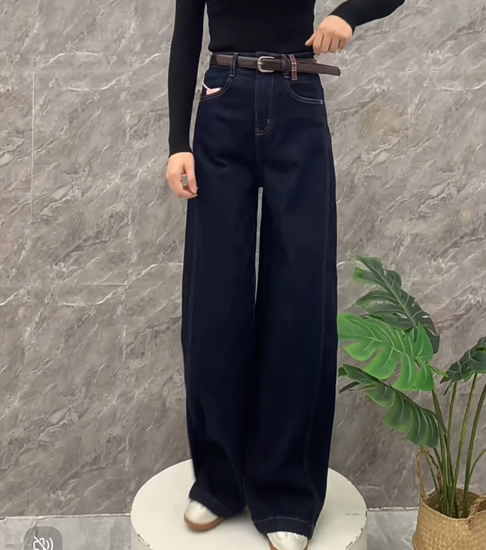 （韩熙）欧货2024冬款磨毛加绒高腰直筒牛仔裤女百搭阔腿裤显瘦