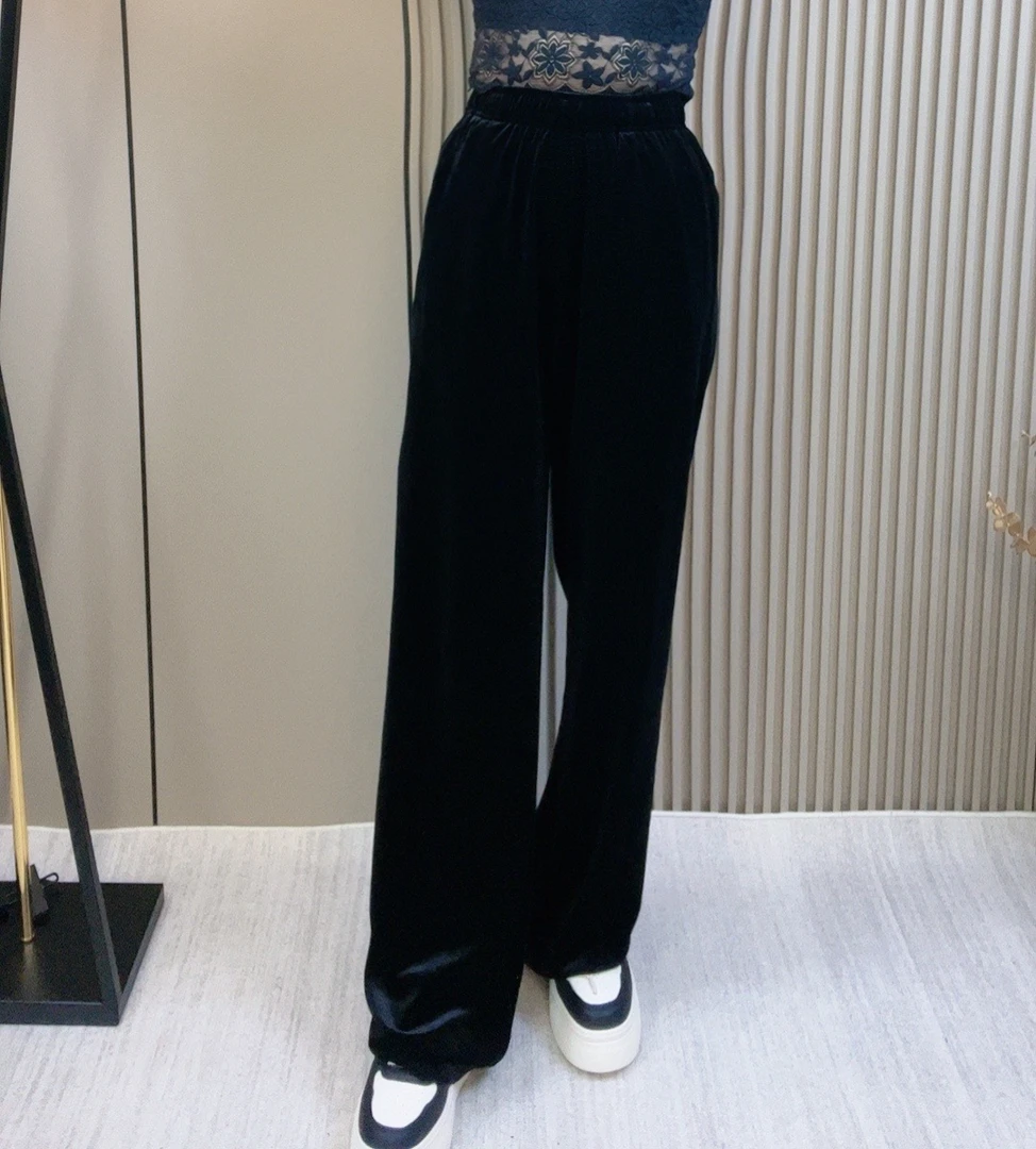 欧货2023高腰丝绒阔腿裤女秋季窄版黑色裤子宽松垂感直筒裤休闲裤