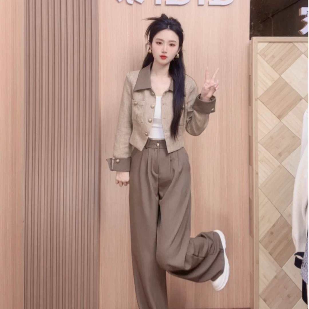 QiQi家 2025春季新款时尚洋气小香风外套+高腰直筒阔腿裤两件套