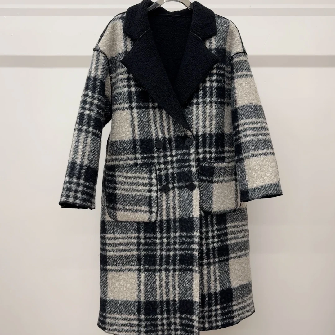 阿蔡女装【两面双穿】外套时尚毛呢格子秋冬女装百搭毛呢大衣