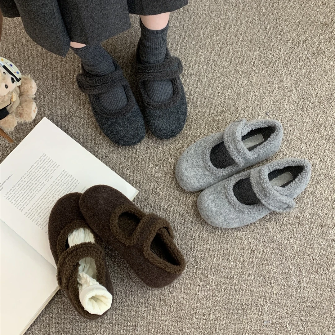 格雷系灰色玛丽珍～勃肯鞋秋冬季加绒可爱软萌外穿毛毛保暖棉鞋